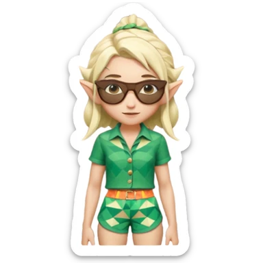 elf female legolas portrait, patterned board shorts (geometric/abstract), unique wooden-framed sunglasses, undercut hairstyle, slight smirk, visible pointy ears, no background, centered emoji, hipster summer vibe coctails sticker