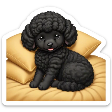 Meme-Worthy Cute Sleeping Black Poodle Portrait Emoji, Head resting peacefully with a contented smile, showcasing a delightfully elegant build and a luxuriously soft, curly jet-black Fur, eyes shut in a serene nap, Simplified yet hilariously adorable features, highly detailed, glowing with a soft, drowsy light, high shine, relaxed and utterly lovable, stylized with an air of playful laziness, bright and heartwarming, soft glowing outline, capturing the essence of a comically sleepy companion, so meme-worthy it feels like it could instantly become the next viral sensation of adorable slumber! sticker