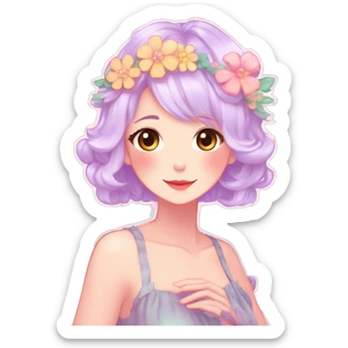 Gorgeous Shiny Colorful Pastel Anime Mature Lady with blushing face and pretty hair with a flower crown pastelcore kawaii cottagecore fairycore aesthetic trending style sticker