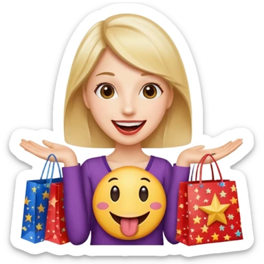 Happy with tounge sticking out and shopping bags with stars sticker