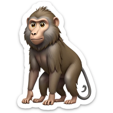 cinematic-hairy top half baboon-full-body-standing on all fours-emoji,-head-tilted-dramatically,-thick-grey-and-brown-fur,-simplified-yet-realistic-focused-features,-highly-detailed,-glowing-with-an-almost-sarcastic-glow expressive eyes, hairy mane sticker