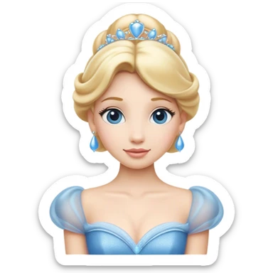 Cinematic Elegant Cinderella Portrait Emoji, rendered in a beautifully detailed, vector-style with minimal shading and bold, simplified shapes. Depict Cinderella in her classic ball gown (chest and above) with fair, porcelain skin and elegantly styled blonde hair, her eyes soft and kind, and her expression serene and graceful. The design glows with a gentle, enchanting radiance and high shine, capturing the timeless beauty of a fairy tale princess. sticker