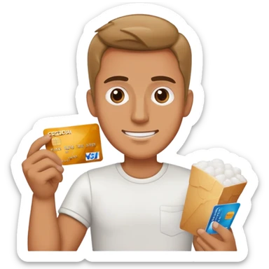 A man holding a credit card with a pile of sugar sticker