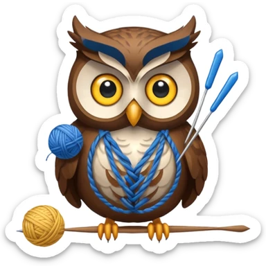 Owl holding blue yarn ball and knitting needles sticker
