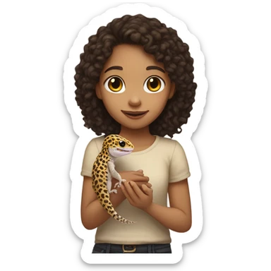 Pale girl with dark brown curly hair holding a leopard gecko sticker