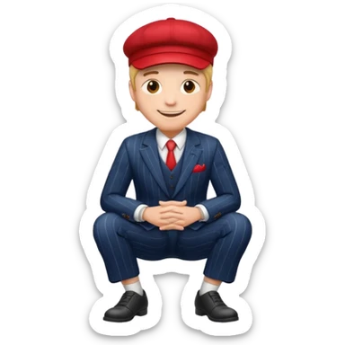 smiling man in a pinstripe suit and red cap, sitting with legs crossed, emoji style sticker