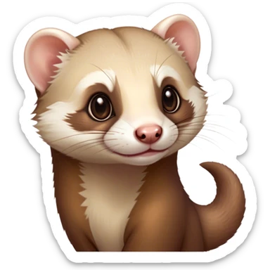 Cinematic Cute Ferret Portrait Emoji, Head tilted playfully, with an elongated, flexible body and a characteristically curious expression, featuring a short, pointed snout, bright, sparkling eyes, and soft fur in warm brown and cream tones, Simplified yet irresistibly adorable features, highly detailed, glowing with a warm, friendly glow, high shine, affectionate and lively, stylized with a touch of whimsical mischief, soft glowing outline, capturing the essence of a fun-loving and mischievous ferret that feels like it could scamper straight into your heart! sticker