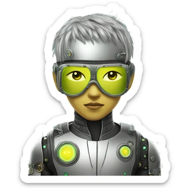 Neon yellow short hair Asian male cyborg head with silver steampunk goggles and circuits sticker