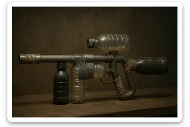 realistic cobbled-together rifle using household tubes and bottles, with visible repairs, tape, and a post-apocalyptic, resourceful look sticker