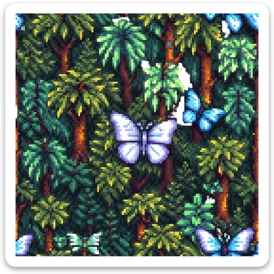 pixel art butterfly among trees and plants, forest background sticker