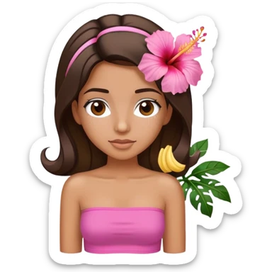 tan girl with dark brown hair and blonde highlights with a hibiscus flower in her hair wearing a pink tube top with tan lines showing sticker