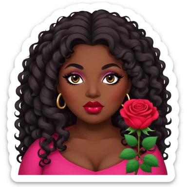 big plus size, dark skin, curly long hair, baddie,pretty rose lips, makeup, black eyeliner, long hair sticker