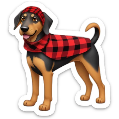 adult 75% Coonhound 25% German Shepherd mix dog with visible tail wearing small pointed red buffalo plaid bandana full body walking left sticker