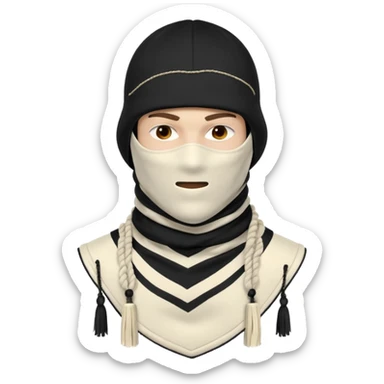 Deconstructed off-white balaclava with frayed layers, rope tassels, subtle embroidery. Studio photo, white bg, soft light. Streetwear luxury style.
 sticker