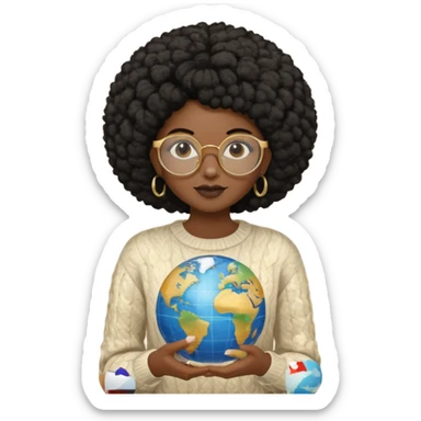 a young woman wearing gold round glasses and black afro hair, she has medium-dark skin, she's wearing a sweater and she's holding a globe in her hand sticker