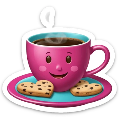 cup of coffee, steaming, the smoke should come out in the shape of a heart, the color of the cup is fuchsia, the cup has a happy face printed on it, the cup rests on a turquoise blue plate, and there are cookies and sugar cubes around the cup. sticker