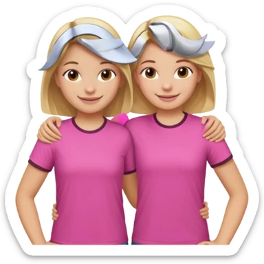 Two Girls with their arms around each other at summer camp one blonde one brown hair wearing pink shirt sticker