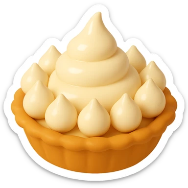Frame 10 of 15: Cream pie with nine cream droplets, playful 3D emoji style, golden brown crust, same angle as reference sticker