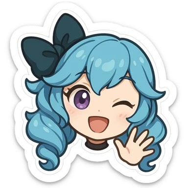 Gwen from League of Legends, chibi emote style, only head visible, right eye purple, cheerful hi expression, waving hand, eyes wide open, cute and expressive sticker