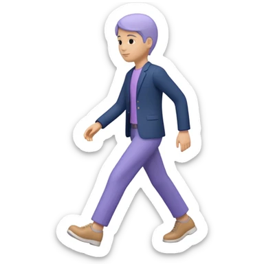 Modern premium 3D emoji icon: faceless gender-neutral person walking (mid-step), smooth rounded shapes, matte + subtle gloss, top-left studio light, soft shadow, faint motion aura (subtle curved trail) behind the body, navy outfit with lavender accent, centered, transparent background, no text sticker