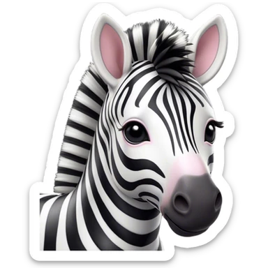 Cinematic Cute Zebra Portrait Emoji, Head tilted playfully and inquisitively, featuring a glossy, intricately striped fur of black and white, a refined, horse-like head with a long snout and alert ears, and round, sparkling eyes filled with curious wonder, Simplified yet irresistibly adorable features, highly detailed, glowing with a warm, friendly glow, high shine, affectionate and spirited, stylized with a touch of savannah whimsy, bright and endearing, soft glowing outline, capturing the essence of a mischievous yet loving zebra that feels like it could prance out of the screen and into your arms! sticker