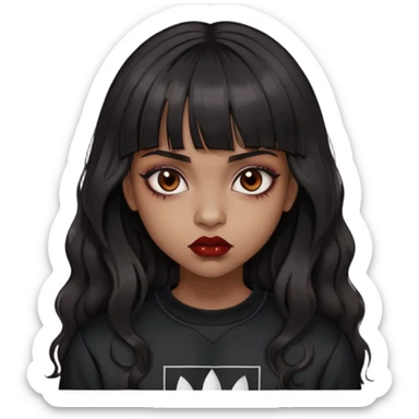 Brown girl but not too dark, super black hair, wavy hair and straight bangs, brown eyes, vampiric or gothic appearance, a little blood only on the lips, skin tone is kind of brown, she's not that tanned, Long hair, black Adidas sweatshirt  sticker