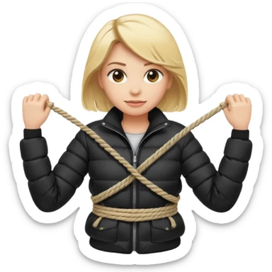 blond female emoji wearing a black down jacket, arms behind the back and ropes tying it sticker