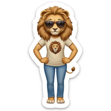 friendly anthropomorphised female lion character, full body, standing confidently with arms folded, wearing jeans, a t-shirt, and dark sunglasses sticker