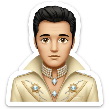 solarpunk aesthetic brilliant divine lighting, oil paint  -  An aging Elvis Presley in a glamorous ivory costume with a collar encrusted with diamonds sticker