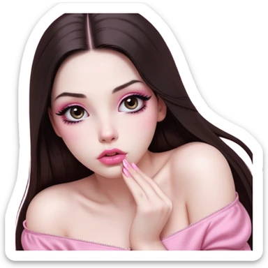 girl with white skin, dark brown long straight hair with middle part falling in front of her body, very big pouty extra shiny lips with absolutely no cupid's bow, big round shiny eyes with black eyeballs and huge eyelashes, lighter button nose, very long oval-shaped face, wearing a pink off-shoulder top, looking directly at camera with hands down at sides sticker