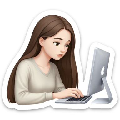 beautiful pale brunette girl with long hair editing photos on her computer looking down sticker
