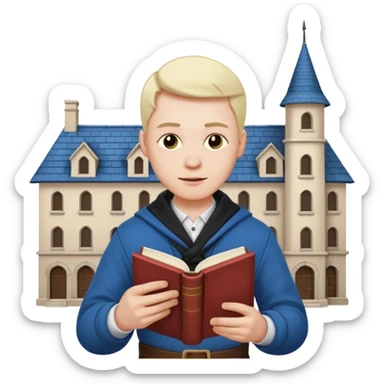 a man in clan clothes reads a book and twists a building in his hand  sticker