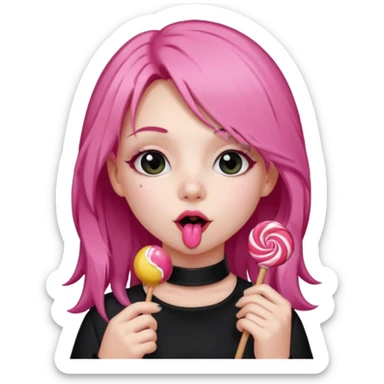 Cute girl with long pink hair wearing black, and a cute choker  licking a lolli sticker