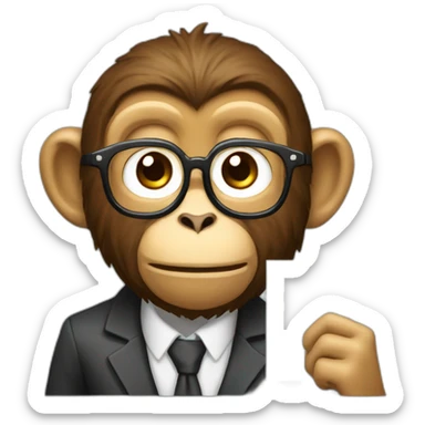 monkey professor with glasses and beard and mustache and suit holding a sign with like sticker