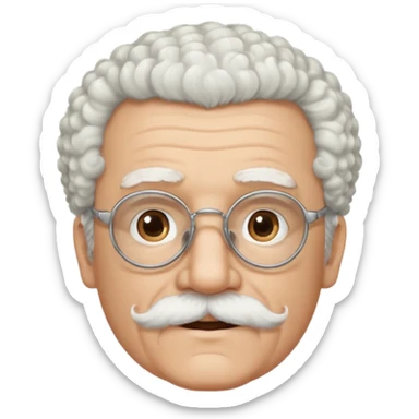 An elderly man emoji with light skin, fluffy curly white hair, thick white eyebrows, brown eyes behind black-framed glasses, a small nose, and neatly groomed white facial hair — a mustache and a short goatee. sticker