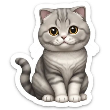 cinematic-[scottish fold cat]-realistic-full-body-sitting-emoji,-tail-curled-playfully-around-its-paws,-head-tilted-dramatically,-fluffy-[grey]-fur,-simplified-yet-realistic-focused-features,-highly-detailed,-glowing-with-an-almost-sarcastic-glow sticker