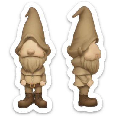 side view angle of gnome with light tan pants and light tan boots squatting in front of small brown log sticker