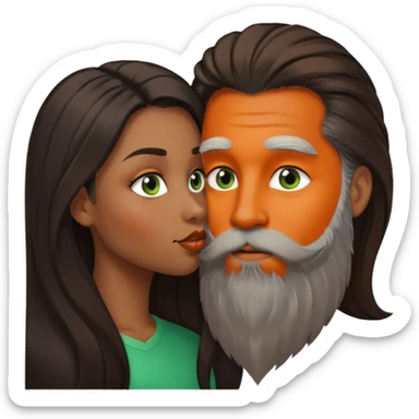 Brown eyed black women with and long balayage brown/black hair.  She is kissing bald white man. The White man is pale, green eyes has orange facial hair and long beard  sticker