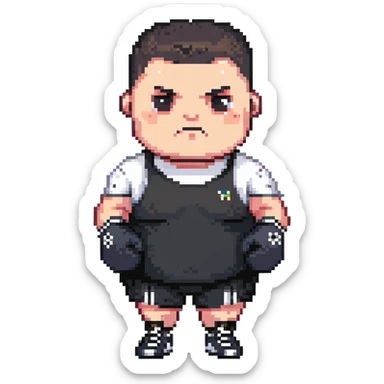 white man with dark hair, dark eyes, buzzcut faded haircut, overweight 100kg boxer, chubby face, stocky build, wearing full black clothes, black adidas boxing gloves, highly pixelated, chunky pixel style, low resolution sticker