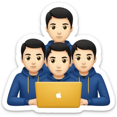 technologist using laptop coding with 2 other technologist three of it is man skin color yellow that using 3 laptop the hair is black and the cloth is dark blue sticker