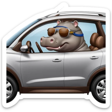 Side view of a Hippo driving a silver HYUNDAI TUCSON SUV sticker