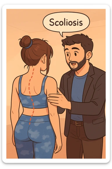 fai questa immagine in versione manga/webtoon a colori con stile di disegno carino e moderno, il manga mostra la donna di spalle, mentre l'uomo le tocca la spina dorsale per spiegarle come funziona la scoliosi:
Con una scoliosi il baricentro corporeo cade maggiormente da un lato; per non cadere la schiena compensa accumulando tensione sul fianco opposto.
Il risultato? Si inclina e ruota sempre più, fino a che non cede (discopatie, artrosi, ecc) sticker