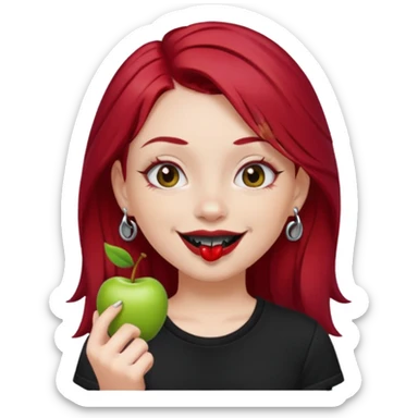 apple style emoji of a fair-skinned girl with cherry red hair, black t-shirt, black lipstick, septum and ear piercings sticker