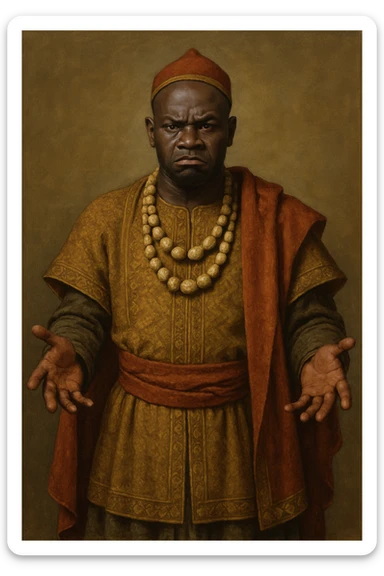 Сгенерируй мне афроамериканца в национальном африканском СРЕДНЕВЕКОВОМ костюме, с бусами лысого,  . Строго в анфас. Его лицо чуточку недовольно, а руками он размахивает и разводит в сторону. На однородном фоне. В стиле реалистичной живописи. Он полностью помещается в экран и не обрезается краями изображения sticker