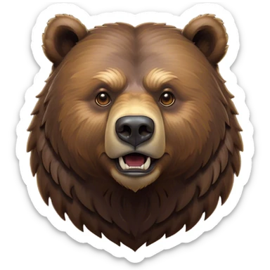 Cinematic Noble Grizzly Bear Portrait Emoji, Poised and regal, with a massive, powerful build and a thick, rugged deep brown fur, piercing deep-set soulful eyes, Simplified yet sharp and sophisticated features, highly detailed, glowing with a soft, dignified glow, high shine, intelligent and formidable, stylized with an air of untamed wilderness, focused and attentive, soft glowing outline, capturing the essence of a watchful and commanding guardian, so majestic it feels as though it could lumber out of the screen with effortless authority! sticker