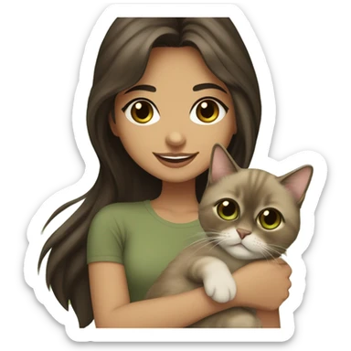 Pretty Persian girl with big brown eyes, light olive skin with medium length dark brown hair and full lips smiling holding her brown ragdoll/siamese cat with a darker brown face and big green eyes  sticker
