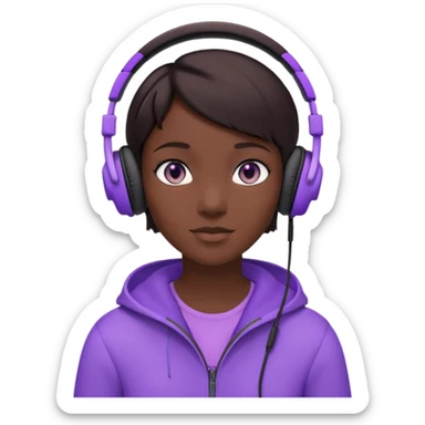 3D cartoon avatar, dark skin, short brown hair, black over-ear headphones, glowing light purple eyes, minimal face, centered portrait, soft lighting, plain white background, clean modern style, high quality render. sticker