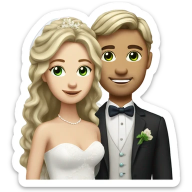 Bride with long wavy lose brown hair and green eyes and blonde groom with blue eyes  sticker
