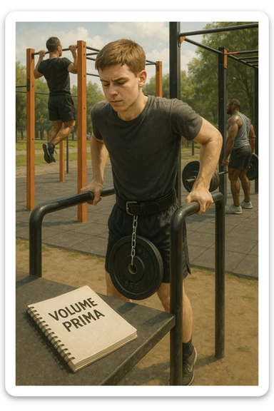 Atleta neofita giovane in un parco attrezzato per streetlifting, fisico ancora in fase iniziale. È intento a eseguire molte ripetizioni di esercizi a corpo libero con pesi leggeri (zavorra moderata), come trazioni e dip su parallele. Accanto a lui un taccuino di allenamento con la scritta 'Volume Prima'. L’atmosfera è luminosa e motivante, con altri atleti più muscolosi che sollevano carichi pesanti, ma lui è concentrato sul gesto tecnico e sulla costanza. Stile realistico, colori naturali, messaggio educativo su priorità all’adattamento progressivo e al volume. sticker