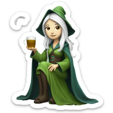 a female wizard with a white beard drinking matcha tea. Her full body is shown sticker